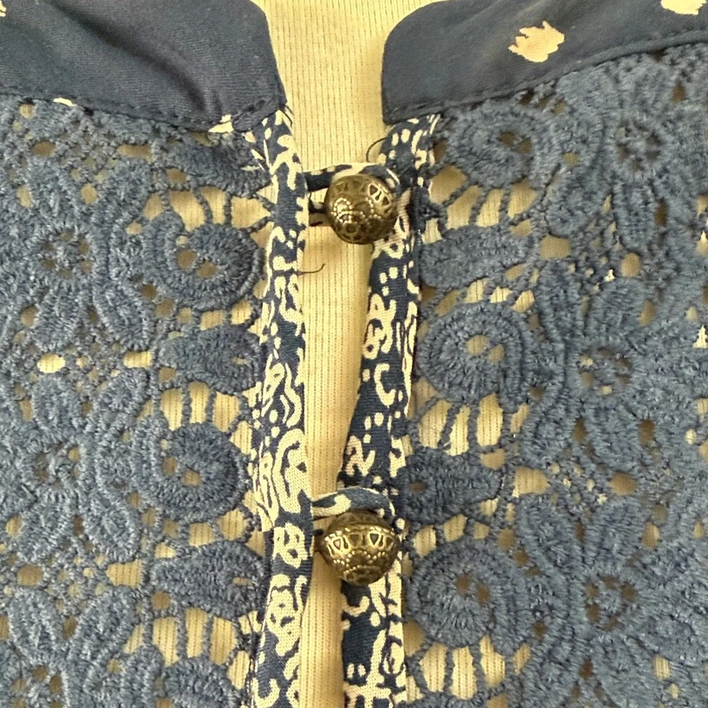 Anthropologie Navy and White Mixed-Print Crochet Yoke Blouse - Picture 6 of 9